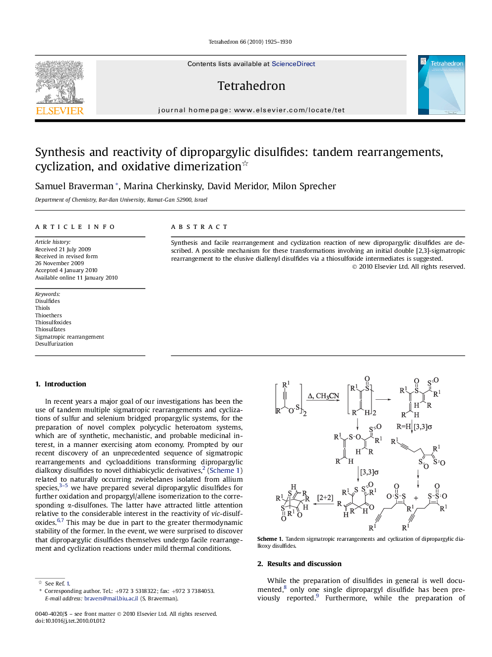 Synthesis and reactivity of dipropargylic disulfides: tandem rearrangements, cyclization, and oxidative dimerization