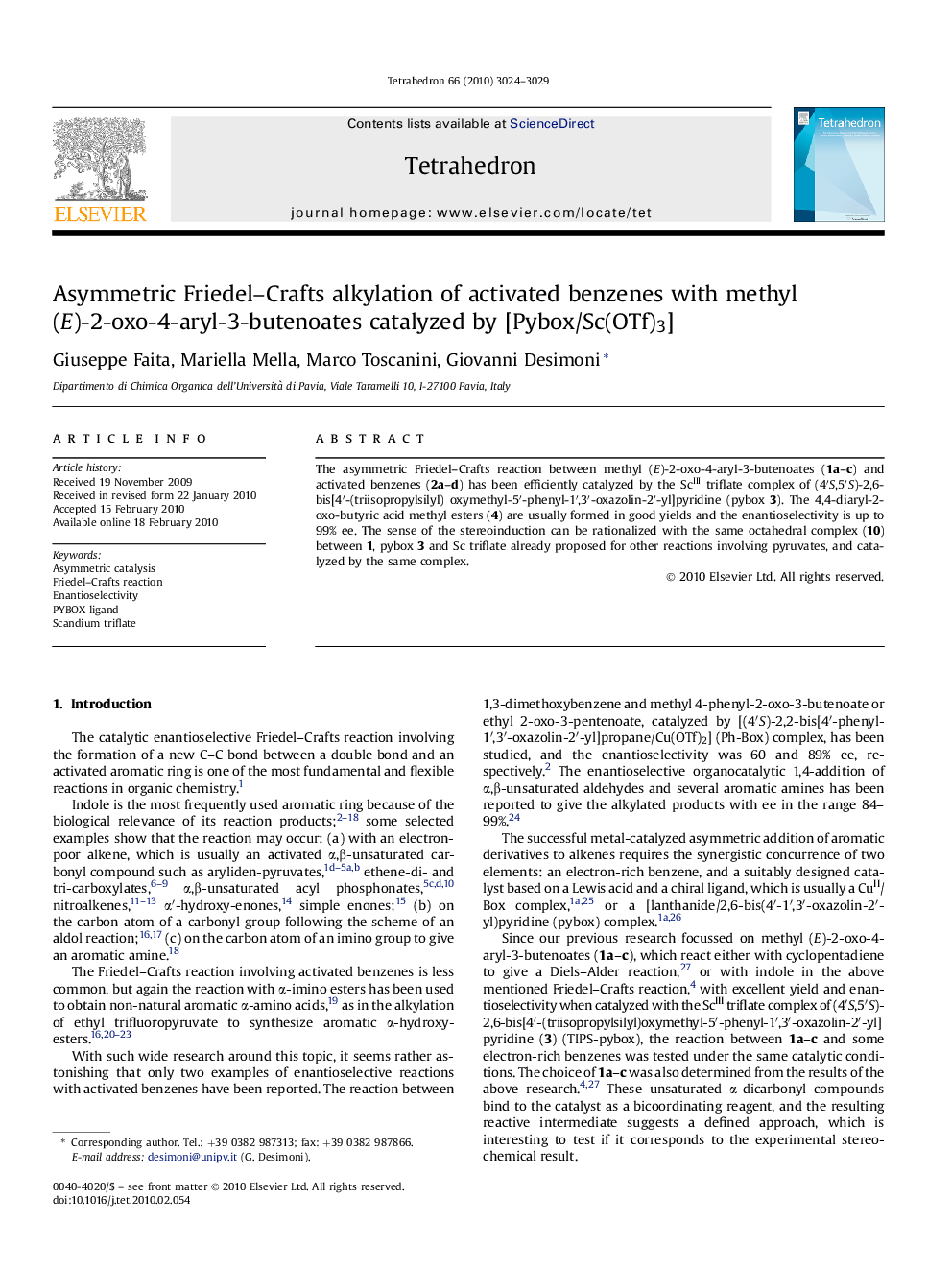 Asymmetric Friedel-Crafts alkylation of activated benzenes with methyl (E)-2-oxo-4-aryl-3-butenoates catalyzed by [Pybox/Sc(OTf)3]