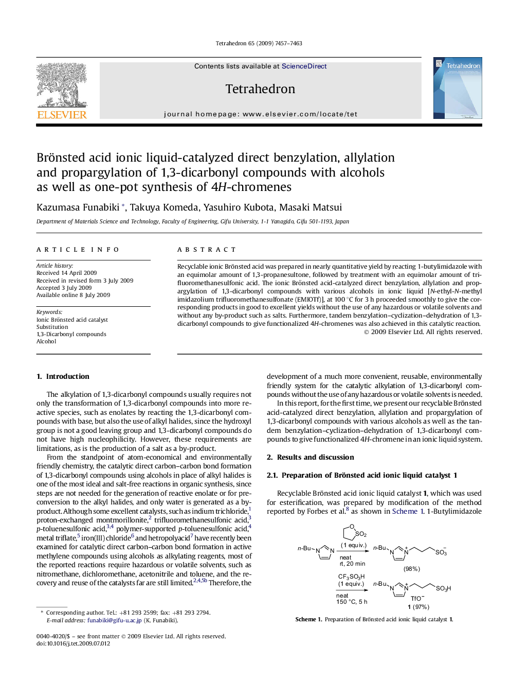 Brönsted acid ionic liquid-catalyzed direct benzylation, allylation and propargylation of 1,3-dicarbonyl compounds with alcohols as well as one-pot synthesis of 4H-chromenes