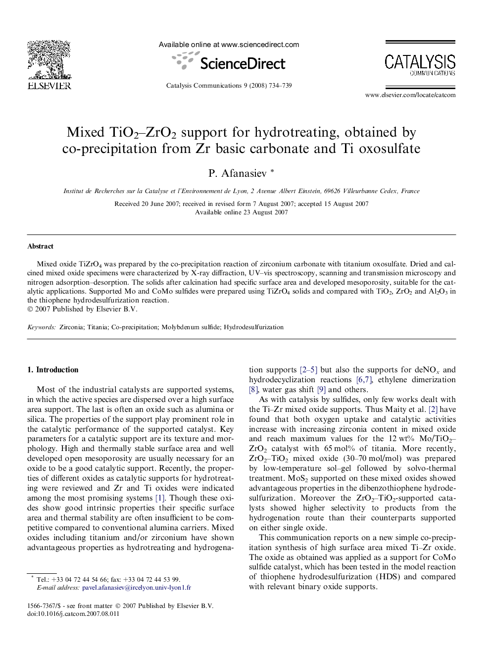 Mixed TiO2–ZrO2 support for hydrotreating, obtained by co-precipitation from Zr basic carbonate and Ti oxosulfate