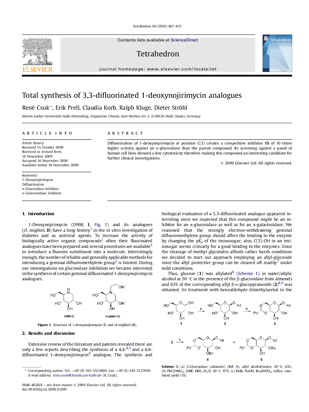 Total synthesis of 3,3-difluorinated 1-deoxynojirimycin analogues