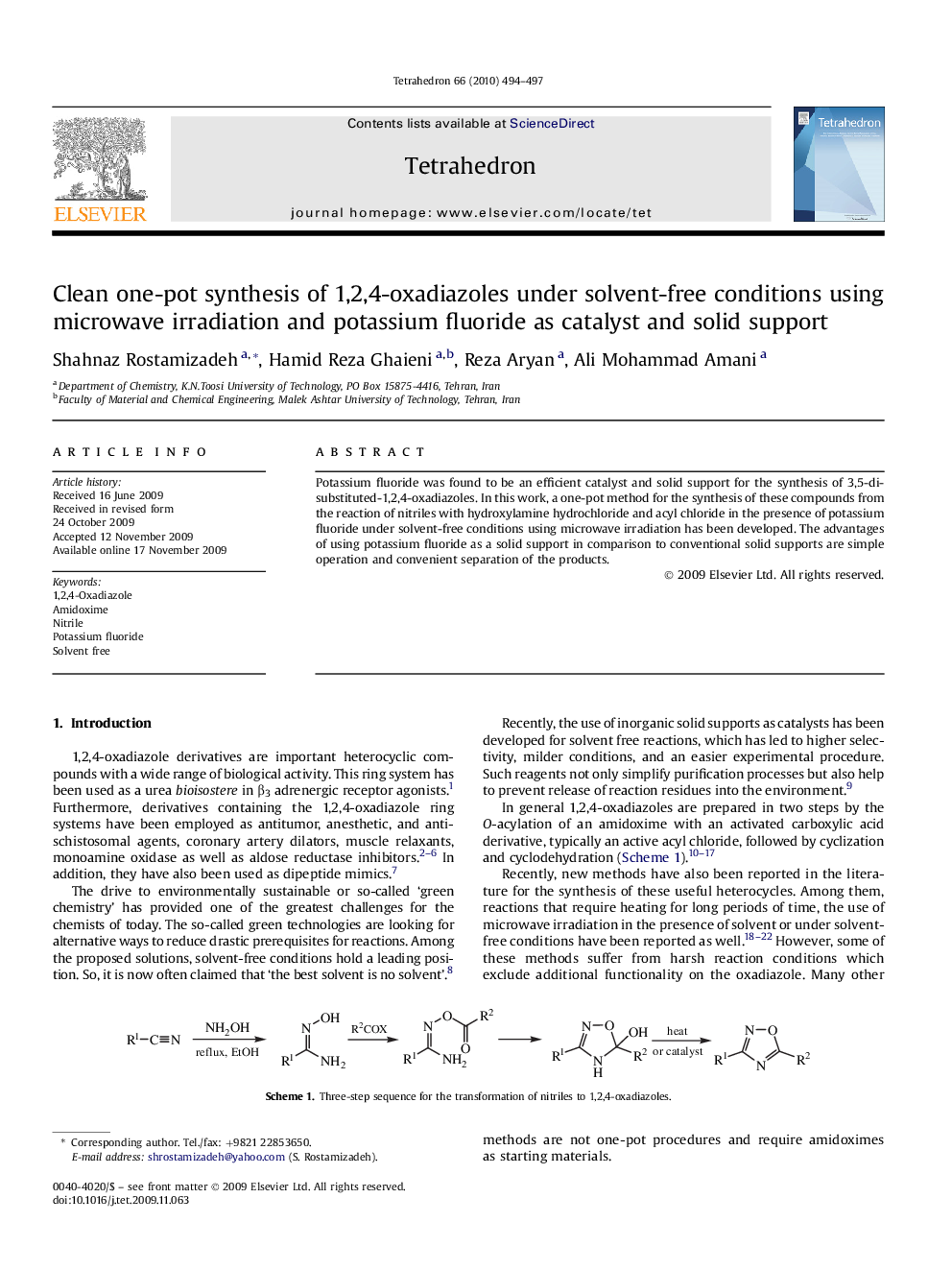 Clean one-pot synthesis of 1,2,4-oxadiazoles under solvent-free conditions using microwave irradiation and potassium fluoride as catalyst and solid support