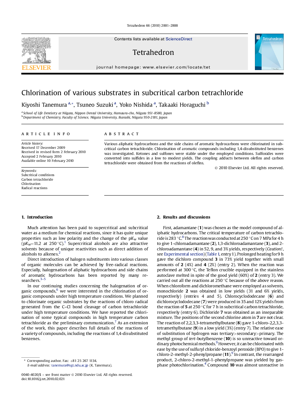 Chlorination of various substrates in subcritical carbon tetrachloride