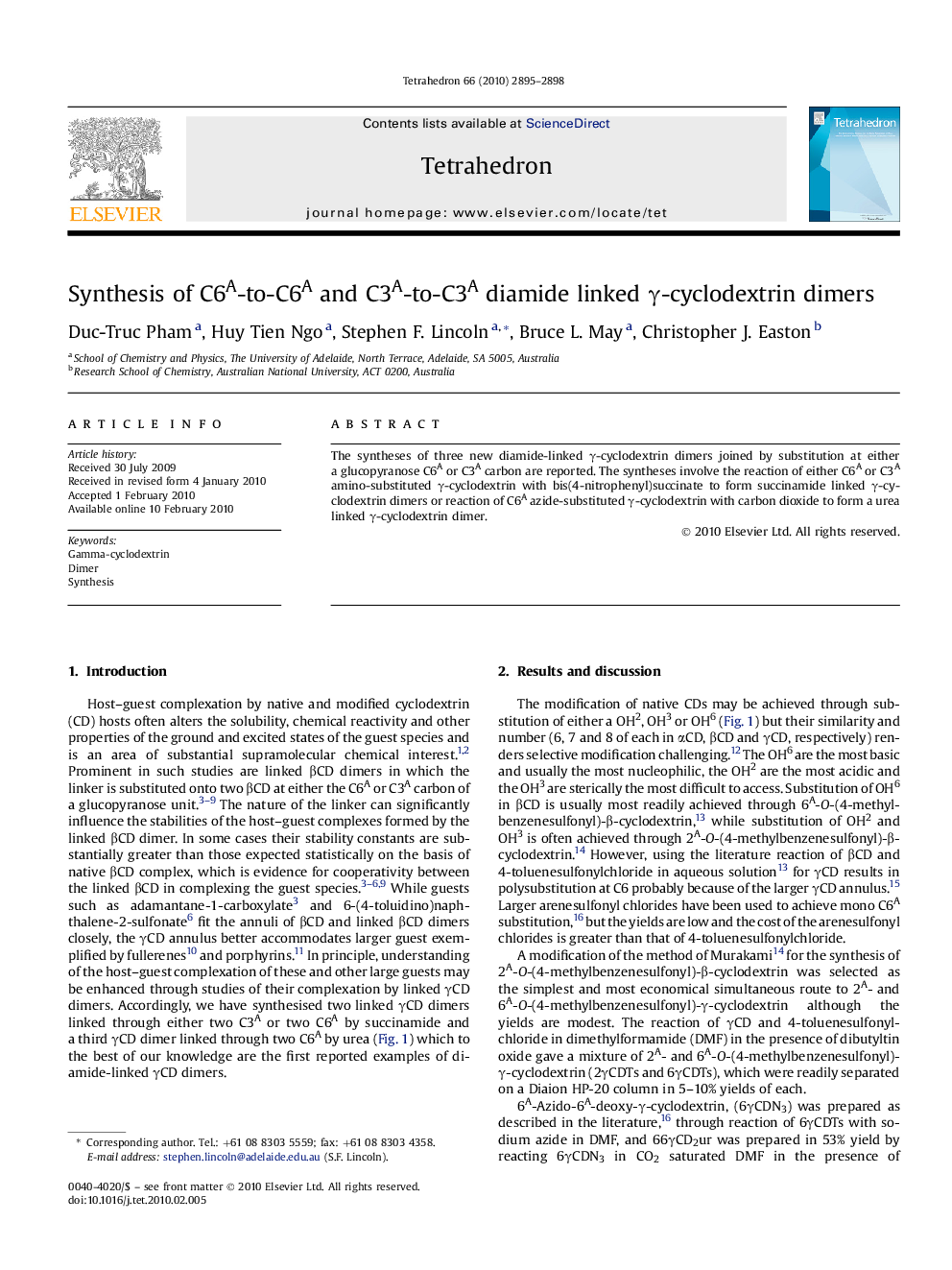 Synthesis of C6A-to-C6A and C3A-to-C3A diamide linked Î³-cyclodextrin dimers