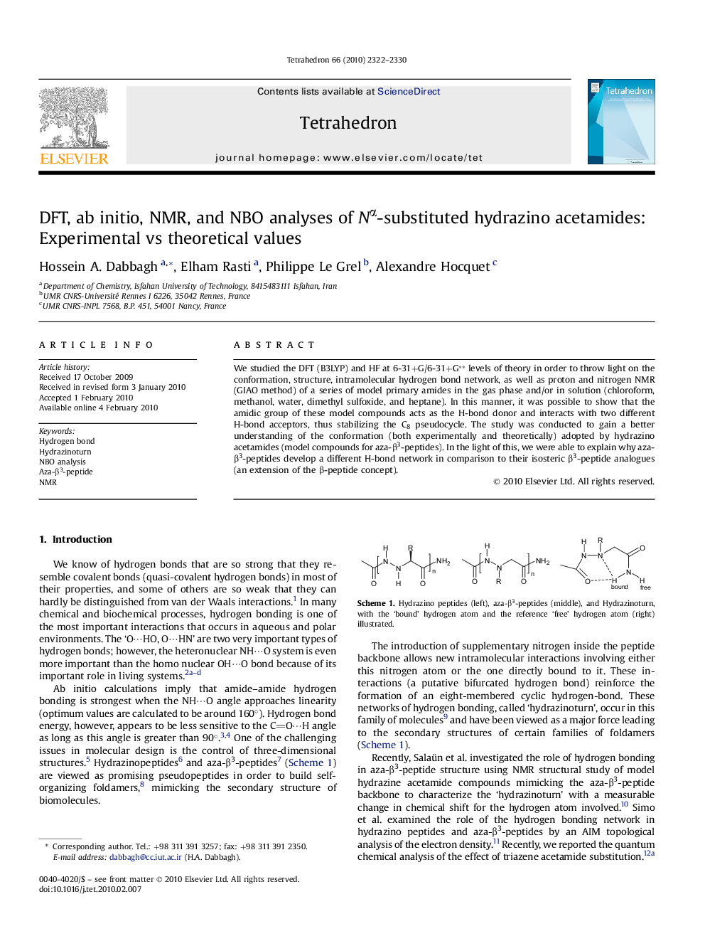 DFT, ab initio, NMR, and NBO analyses of NÎ±-substituted hydrazino acetamides: Experimental vs theoretical values