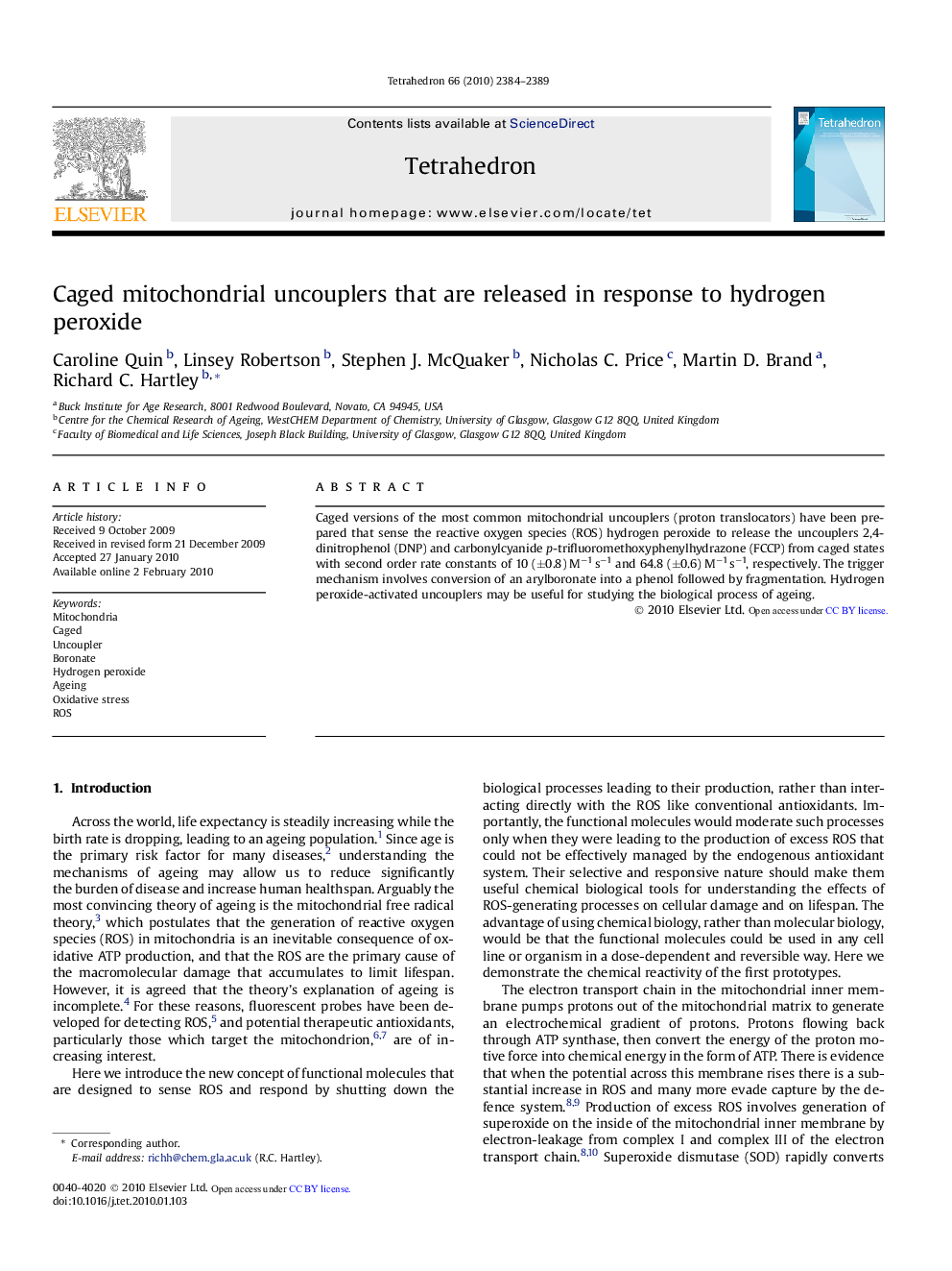 Caged mitochondrial uncouplers that are released in response to hydrogen peroxide