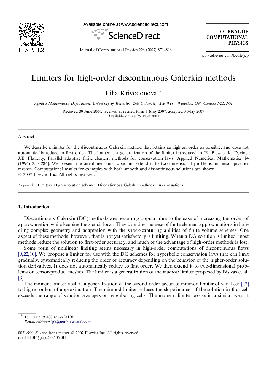 Limiters for high-order discontinuous Galerkin methods