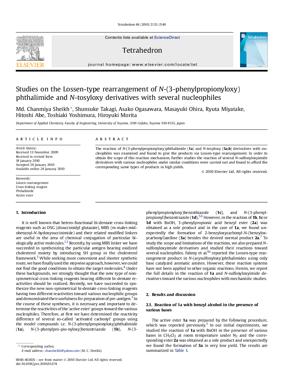 عکس صفحه اول مقاله: Studies on the Lossen-type rearrangement of N-(3-phenylpropionyloxy) phthalimide and N-tosyloxy derivatives with several nucleophiles Studies on the Lossen-type rearrangement of N-(3-phenylpropionyloxy) phthalimide and N-tosyloxy derivatives with several nucleophiles
