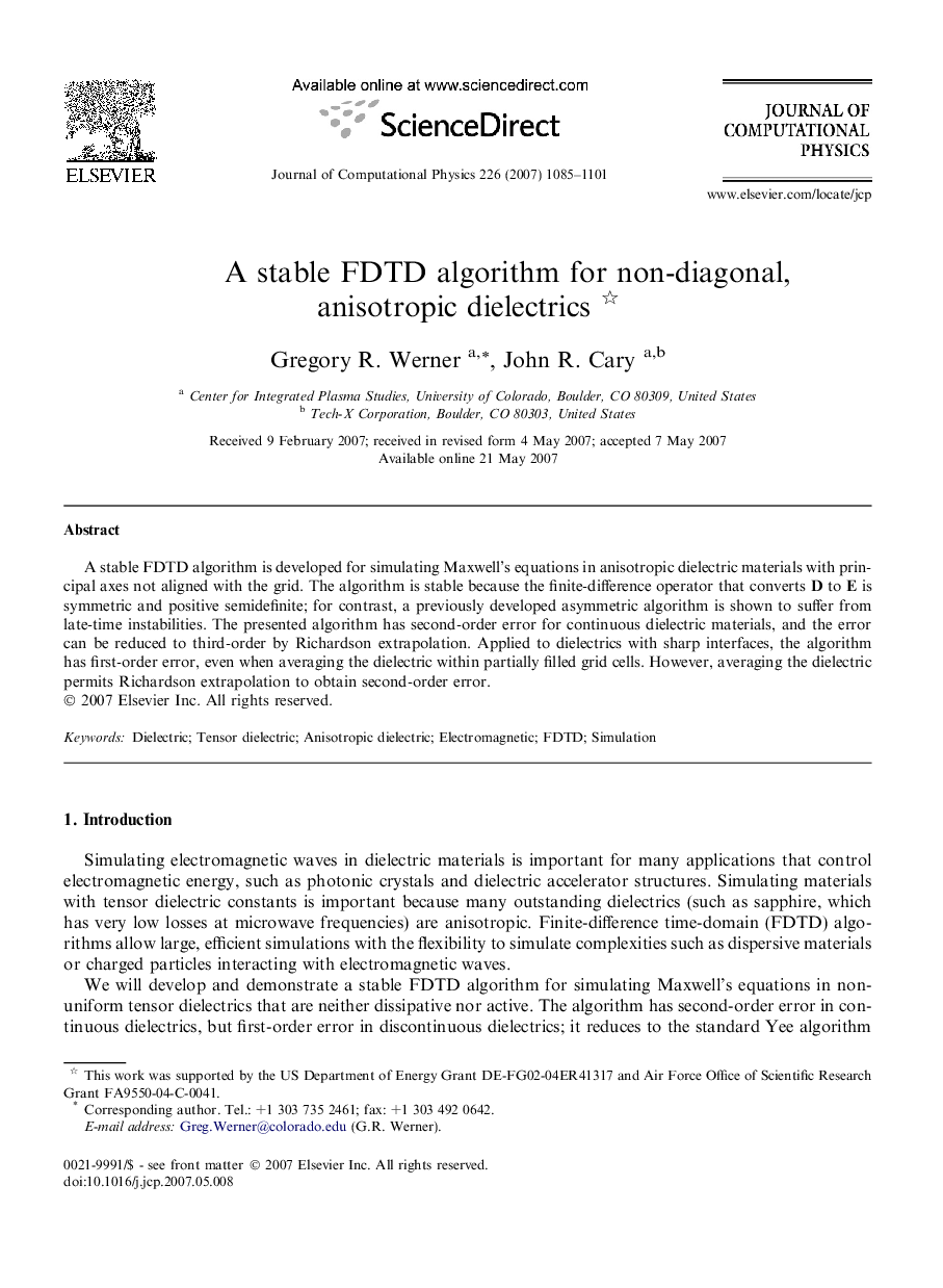 A stable FDTD algorithm for non-diagonal, anisotropic dielectrics 