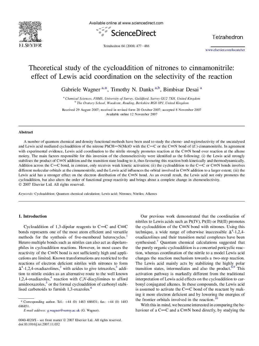 Theoretical study of the cycloaddition of nitrones to cinnamonitrile: effect of Lewis acid coordination on the selectivity of the reaction