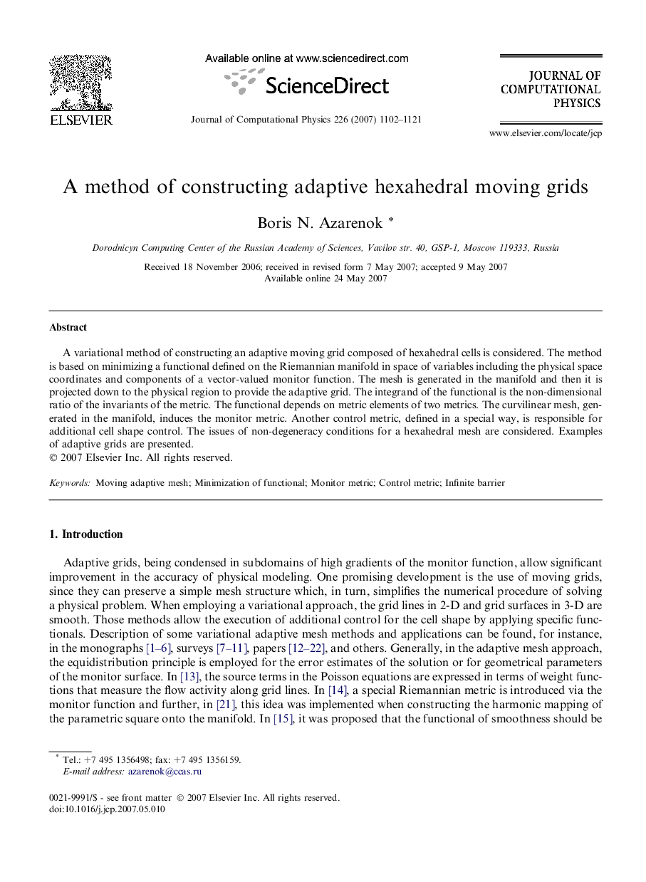 A method of constructing adaptive hexahedral moving grids