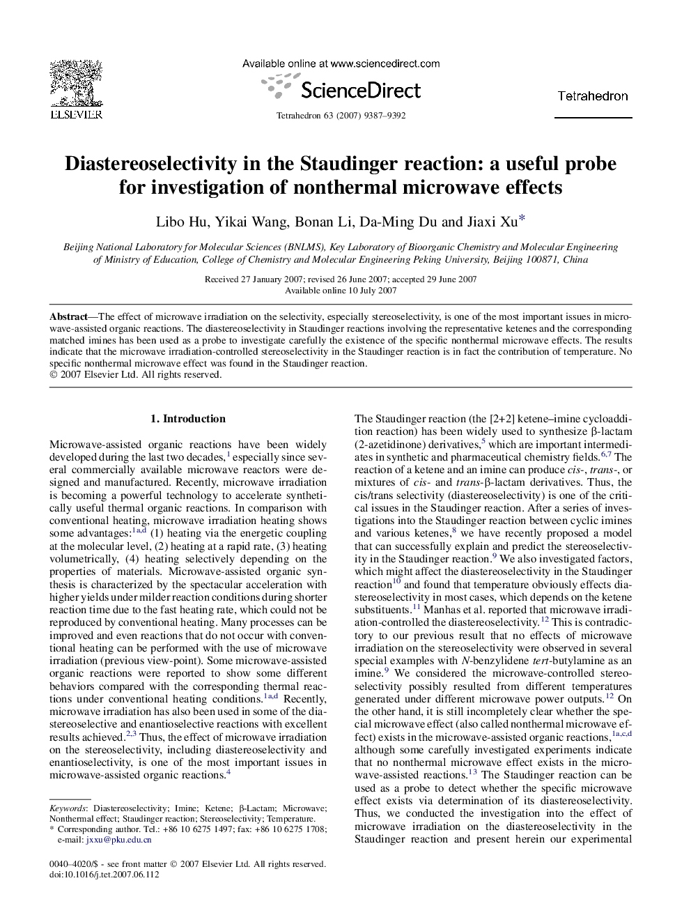 Diastereoselectivity in the Staudinger reaction: a useful probe for investigation of nonthermal microwave effects