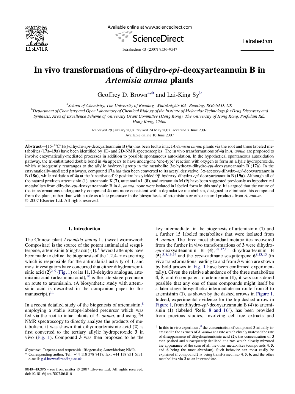 In vivo transformations of dihydro-epi-deoxyarteannuin B in Artemisia annua plants