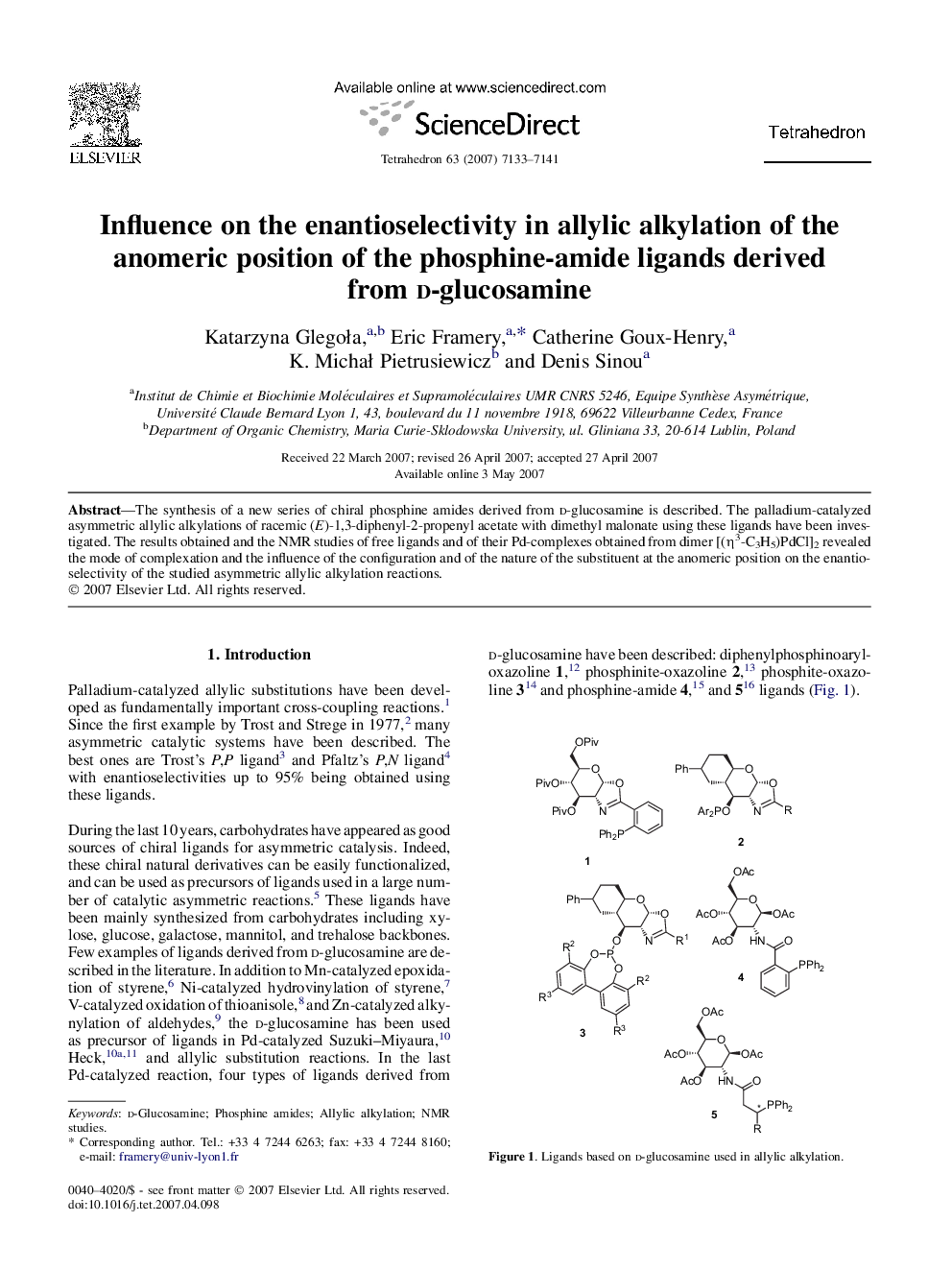 Influence on the enantioselectivity in allylic alkylation of the anomeric position of the phosphine-amide ligands derived from d-glucosamine