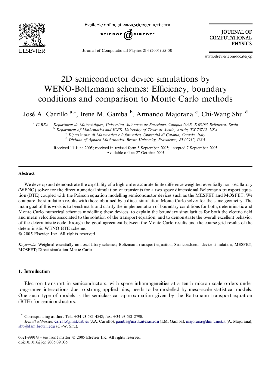 2D semiconductor device simulations by WENO-Boltzmann schemes: Efficiency, boundary conditions and comparison to Monte Carlo methods