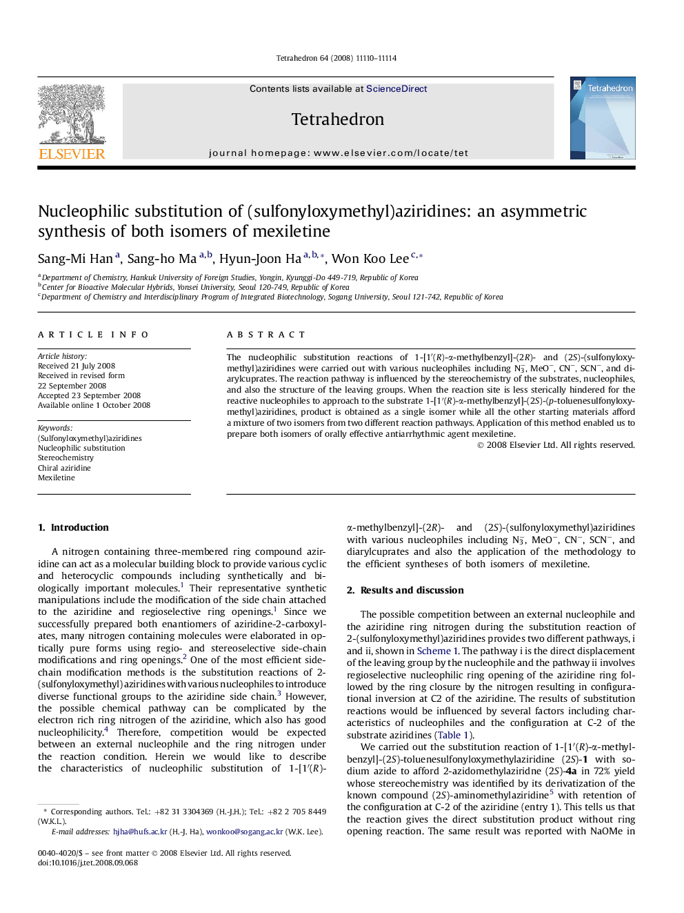 Nucleophilic substitution of (sulfonyloxymethyl)aziridines: an asymmetric synthesis of both isomers of mexiletine