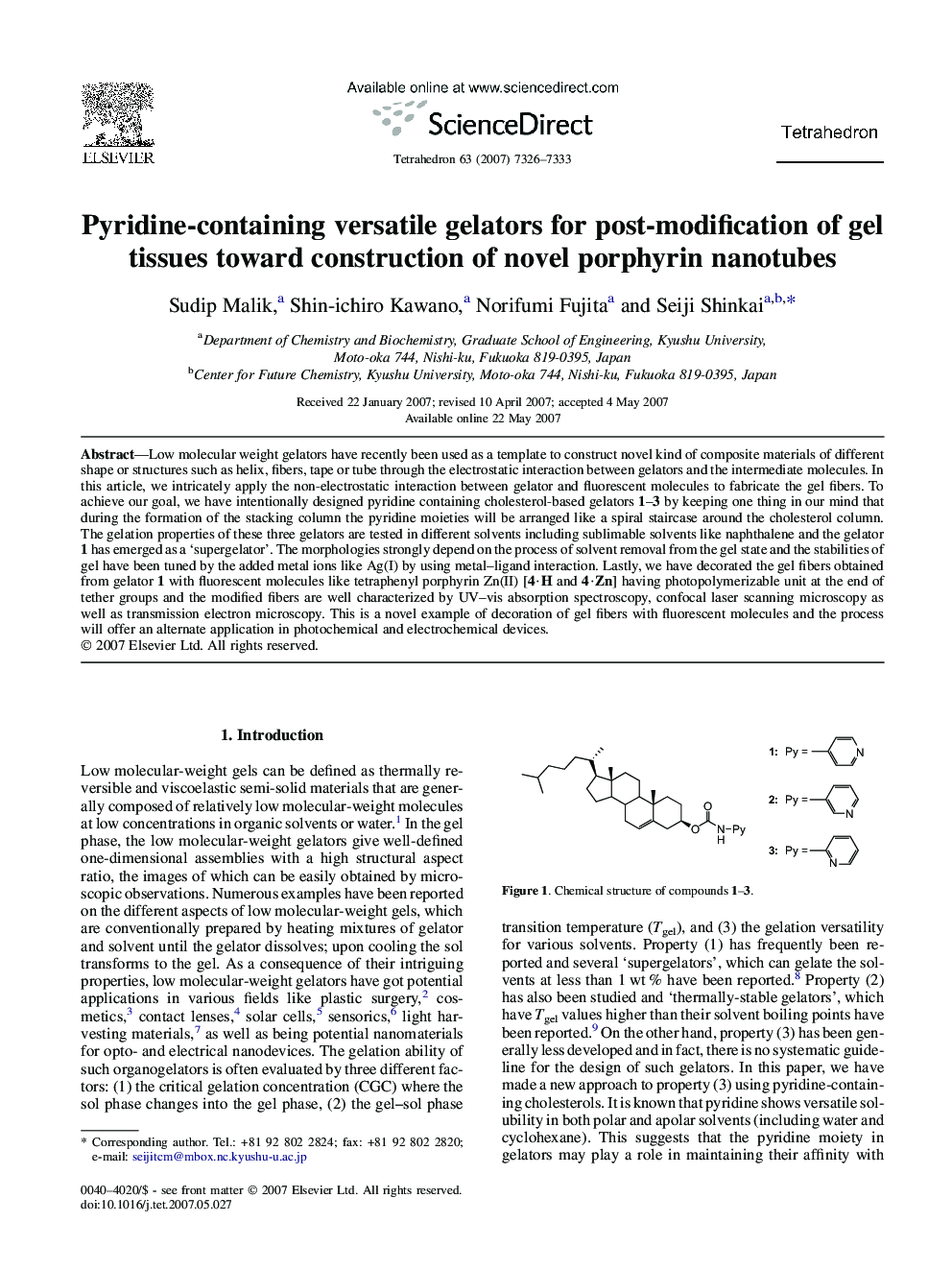 Pyridine-containing versatile gelators for post-modification of gel tissues toward construction of novel porphyrin nanotubes