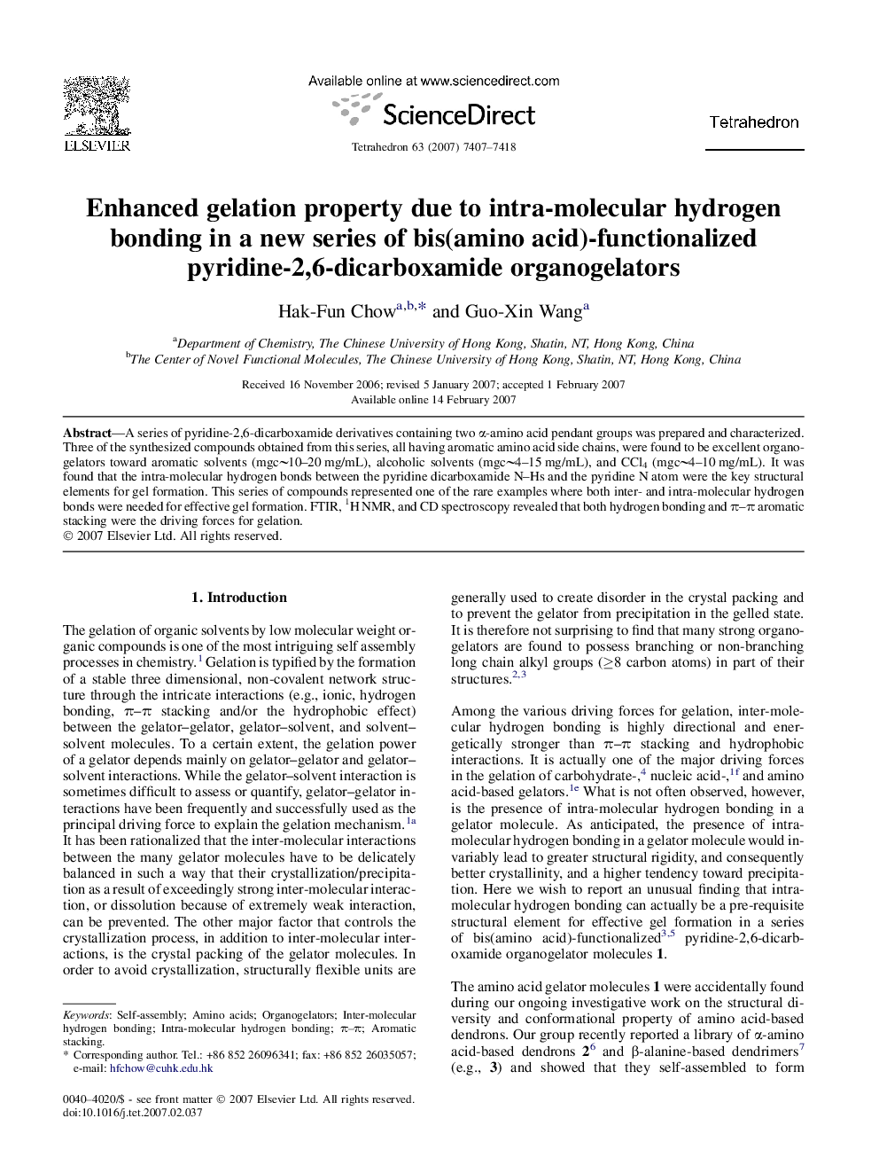 Enhanced gelation property due to intra-molecular hydrogen bonding in a new series of bis(amino acid)-functionalized pyridine-2,6-dicarboxamide organogelators