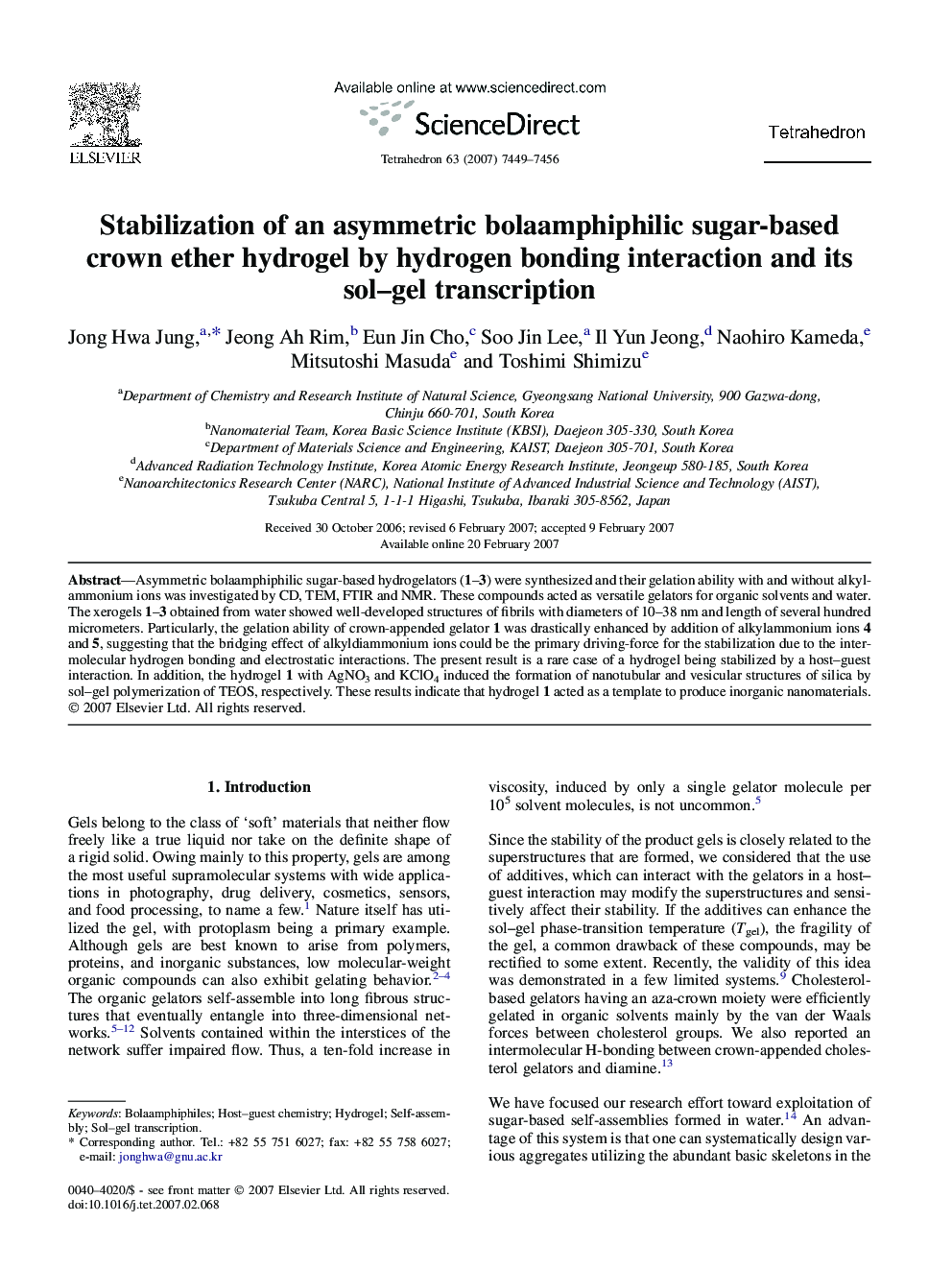 Stabilization of an asymmetric bolaamphiphilic sugar-based crown ether hydrogel by hydrogen bonding interaction and its sol-gel transcription