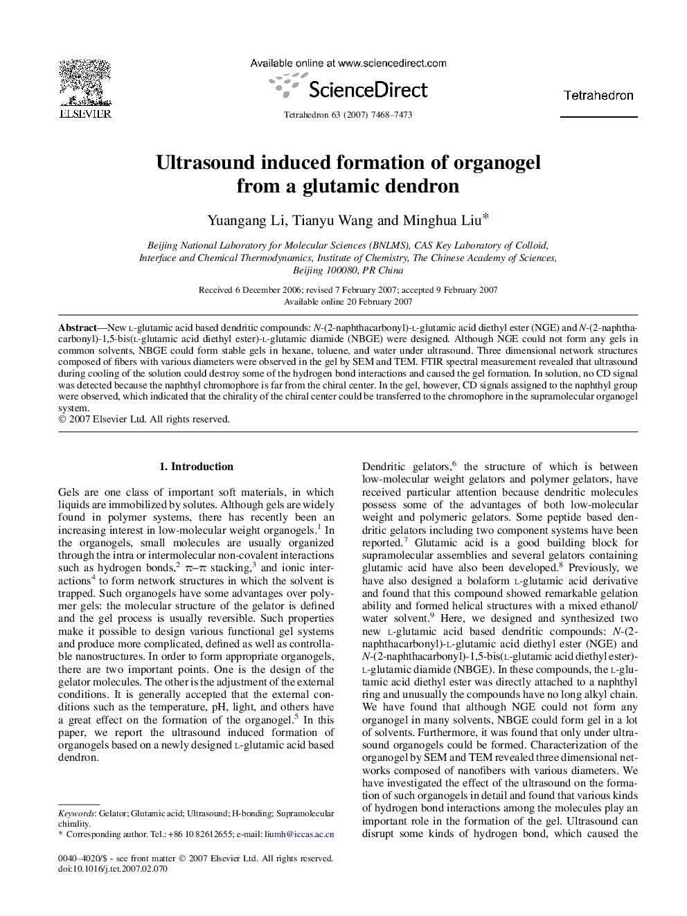 Ultrasound induced formation of organogel from a glutamic dendron