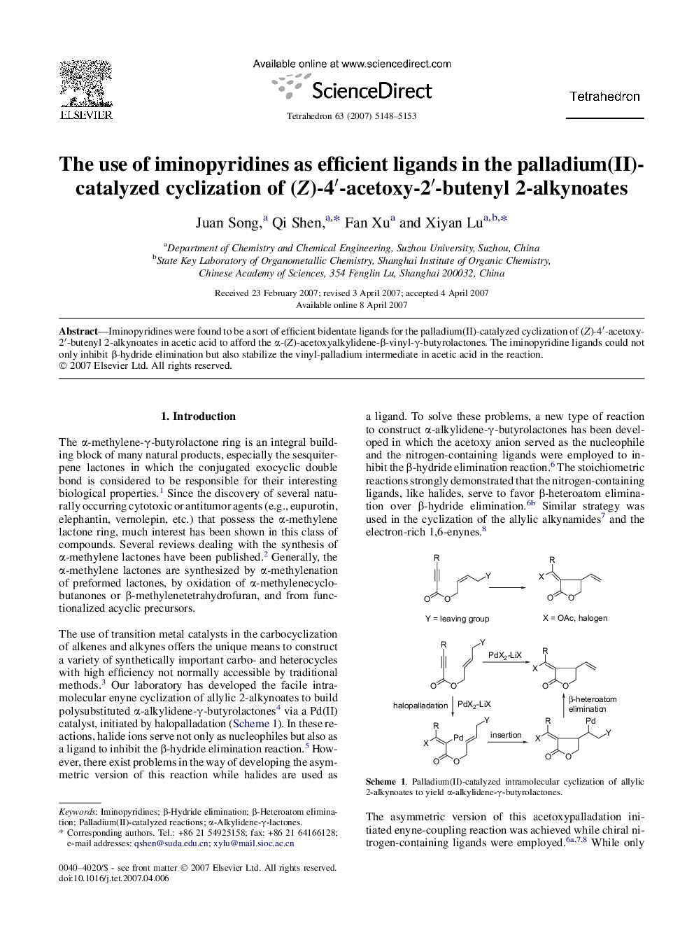 The use of iminopyridines as efficient ligands in the palladium(II)-catalyzed cyclization of (Z)-4â²-acetoxy-2â²-butenyl 2-alkynoates