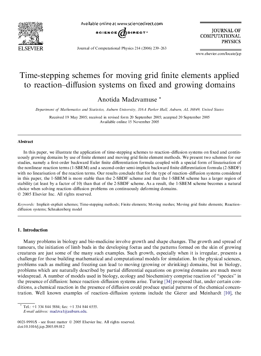 Time-stepping schemes for moving grid finite elements applied to reaction–diffusion systems on fixed and growing domains