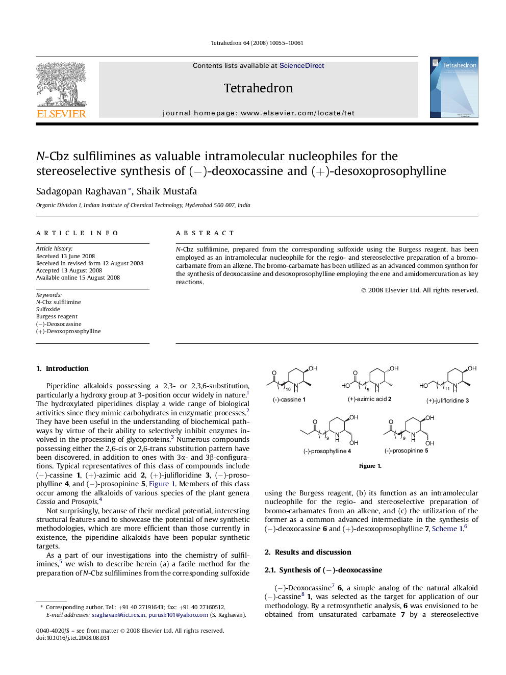 N-Cbz sulfilimines as valuable intramolecular nucleophiles for the stereoselective synthesis of (â)-deoxocassine and (+)-desoxoprosophylline