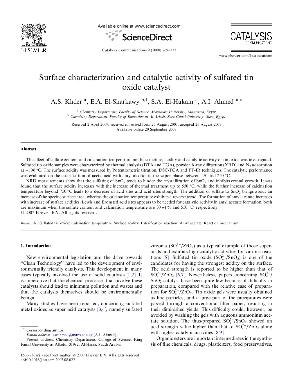 Surface characterization and catalytic activity of sulfated tin oxide catalyst