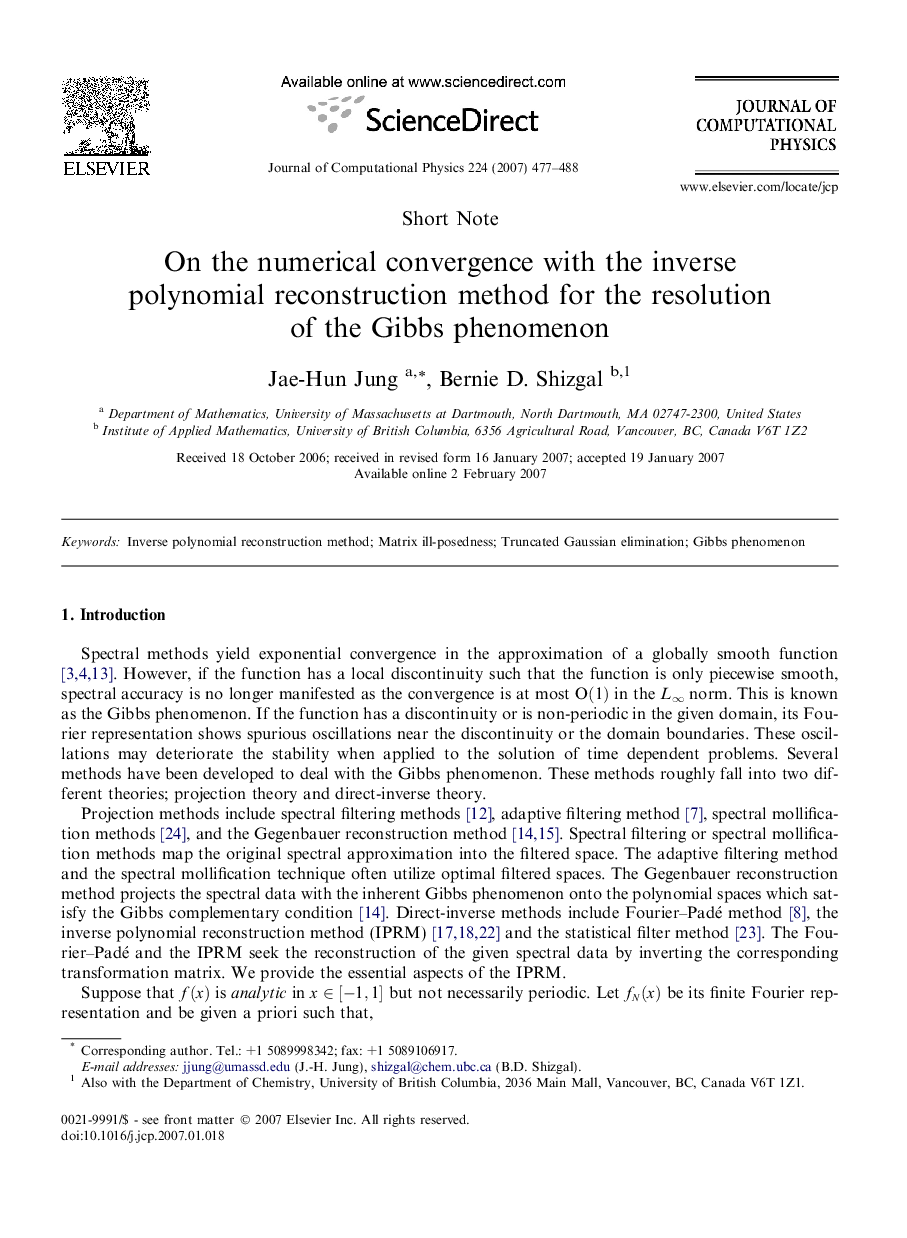 On the numerical convergence with the inverse polynomial reconstruction method for the resolution of the Gibbs phenomenon