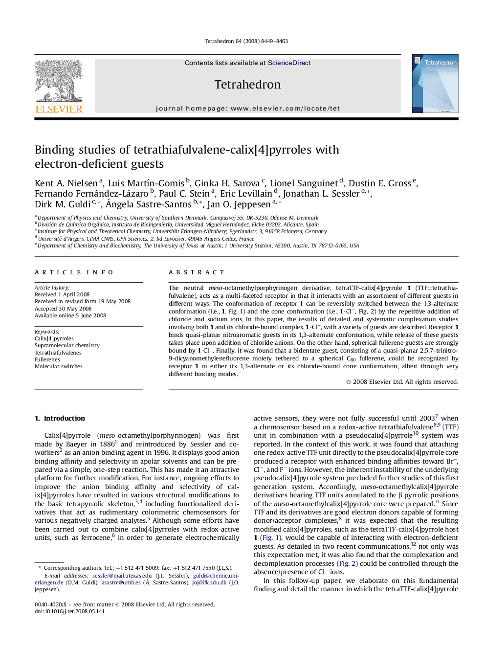 Binding studies of tetrathiafulvalene-calix[4]pyrroles with electron-deficient guests