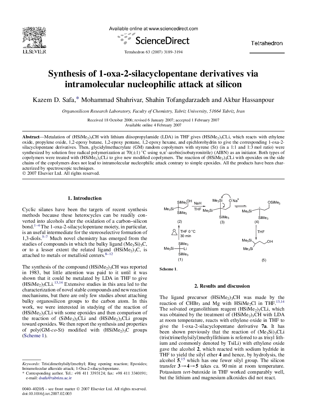 Synthesis of 1-oxa-2-silacyclopentane derivatives via intramolecular nucleophilic attack at silicon