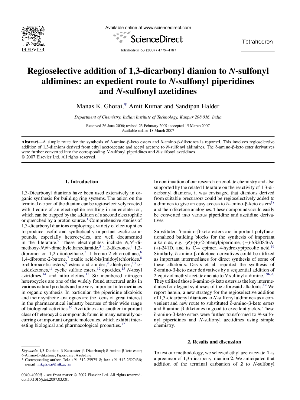 Regioselective addition of 1,3-dicarbonyl dianion to N-sulfonyl aldimines: an expedient route to N-sulfonyl piperidines and N-sulfonyl azetidines