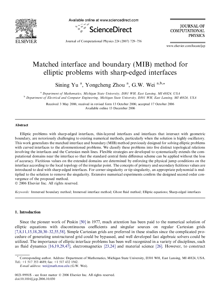 Matched interface and boundary (MIB) method for elliptic problems with sharp-edged interfaces