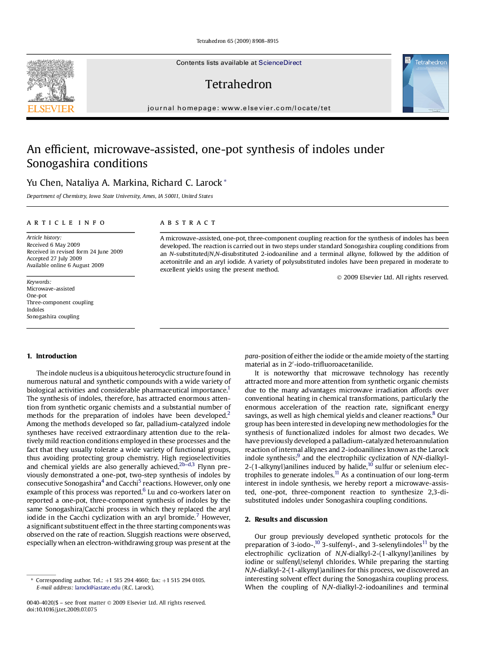 An efficient, microwave-assisted, one-pot synthesis of indoles under Sonogashira conditions