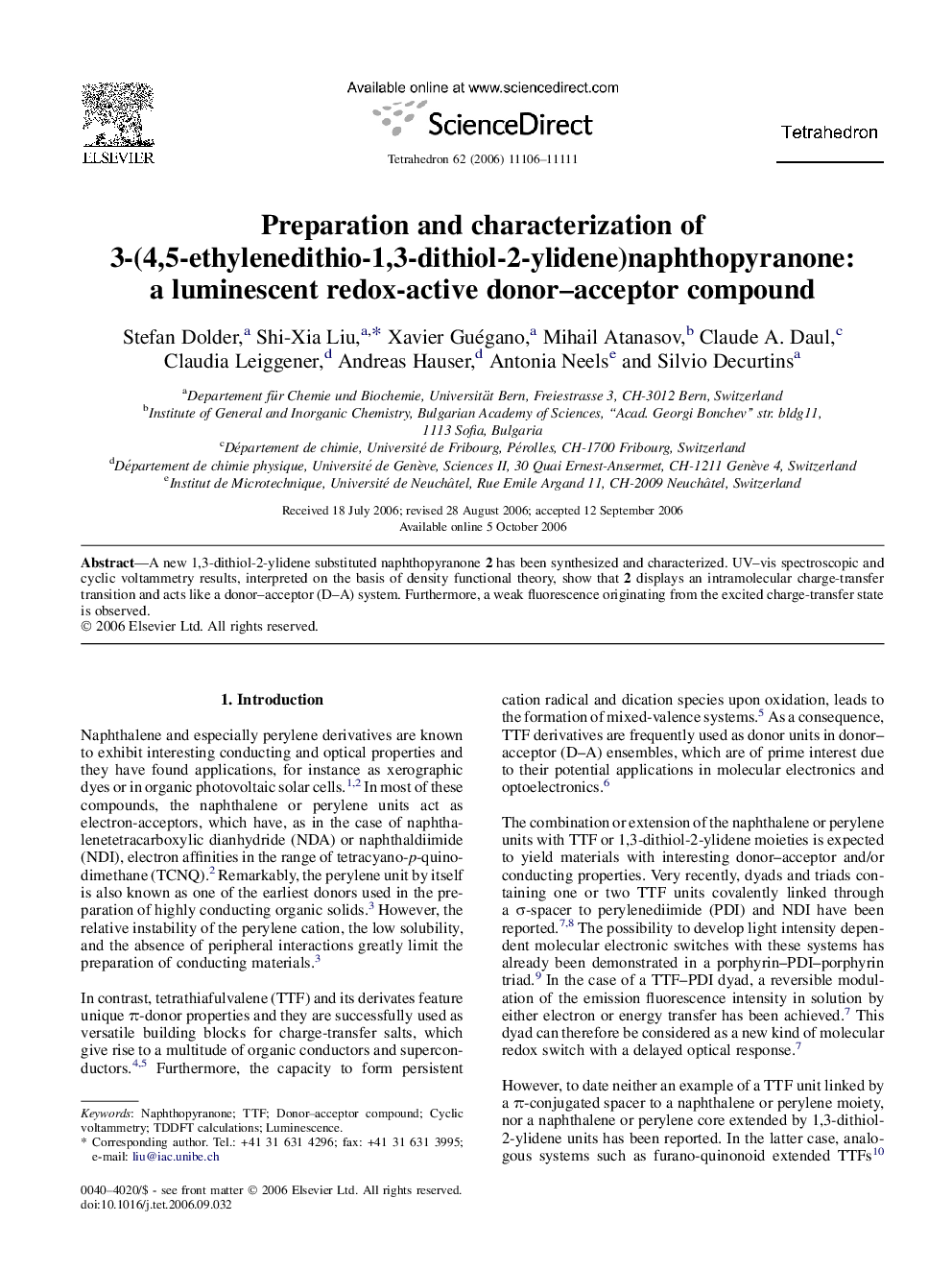 Preparation and characterization of 3-(4,5-ethylenedithio-1,3-dithiol-2-ylidene)naphthopyranone: a luminescent redox-active donor-acceptor compound