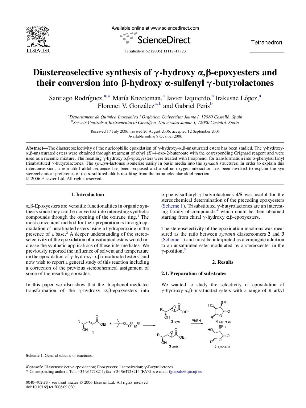 Diastereoselective synthesis of Î³-hydroxy Î±,Î²-epoxyesters and their conversion into Î²-hydroxy Î±-sulfenyl Î³-butyrolactones