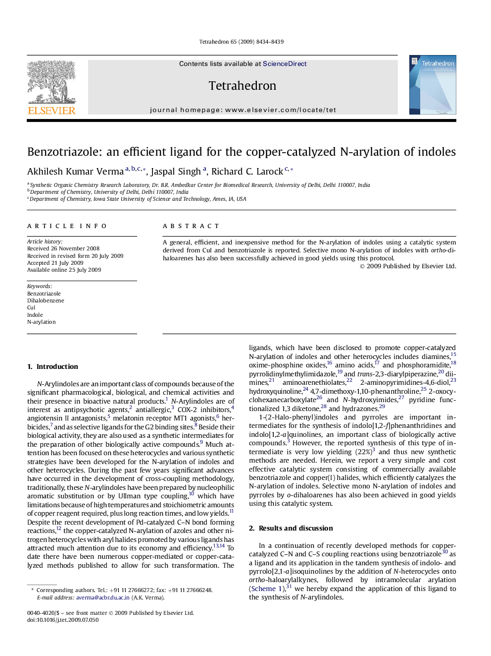 Benzotriazole: an efficient ligand for the copper-catalyzed N-arylation of indoles