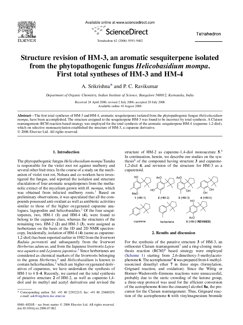 عکس صفحه اول مقاله: Structure revision of HM-3, an aromatic sesquiterpene isolated from the phytopathogenic fungus Helicobasidium mompa. First total syntheses of HM-3 and HM-4 Structure revision of HM-3, an aromatic sesquiterpene isolated from the phytopathogenic fungus Helicobasidium mompa. First total syntheses of HM-3 and HM-4