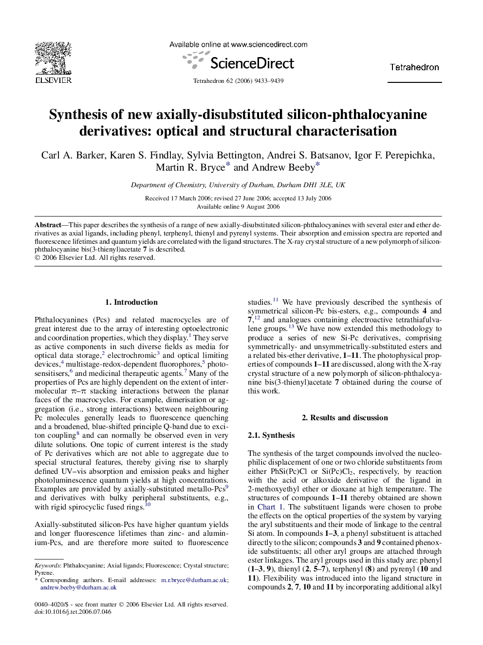 Synthesis of new axially-disubstituted silicon-phthalocyanine derivatives: optical and structural characterisation