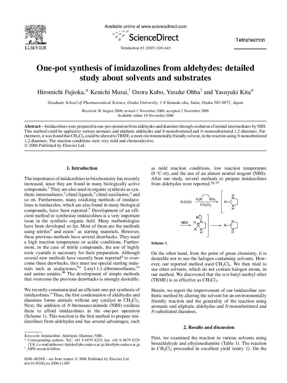 One-pot synthesis of imidazolines from aldehydes: detailed study about solvents and substrates