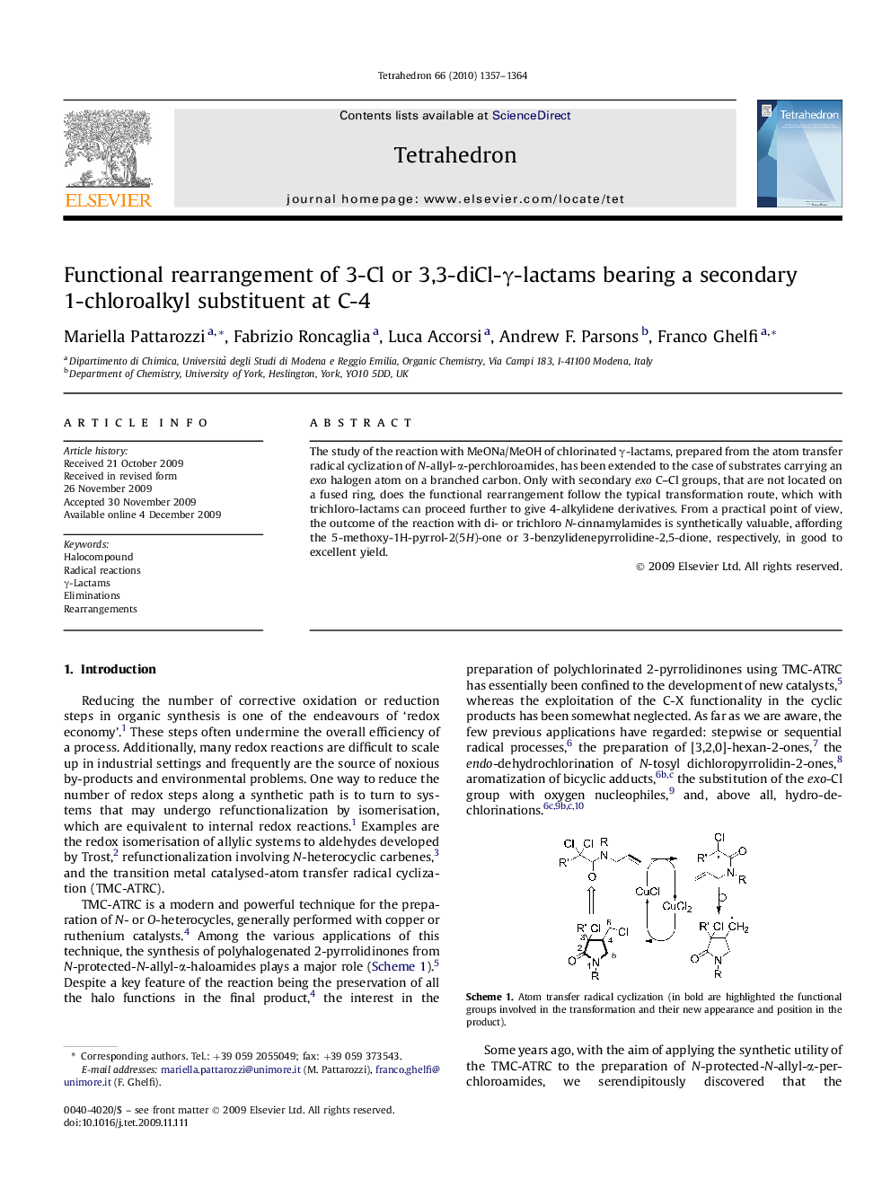 Functional rearrangement of 3-Cl or 3,3-diCl-Î³-lactams bearing a secondary 1-chloroalkyl substituent at C-4