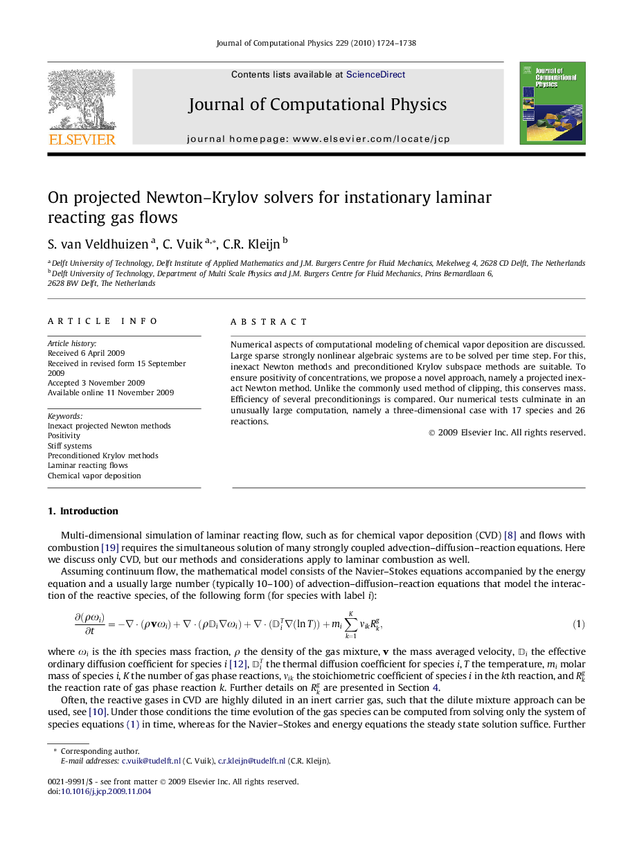 On projected Newton–Krylov solvers for instationary laminar reacting gas flows