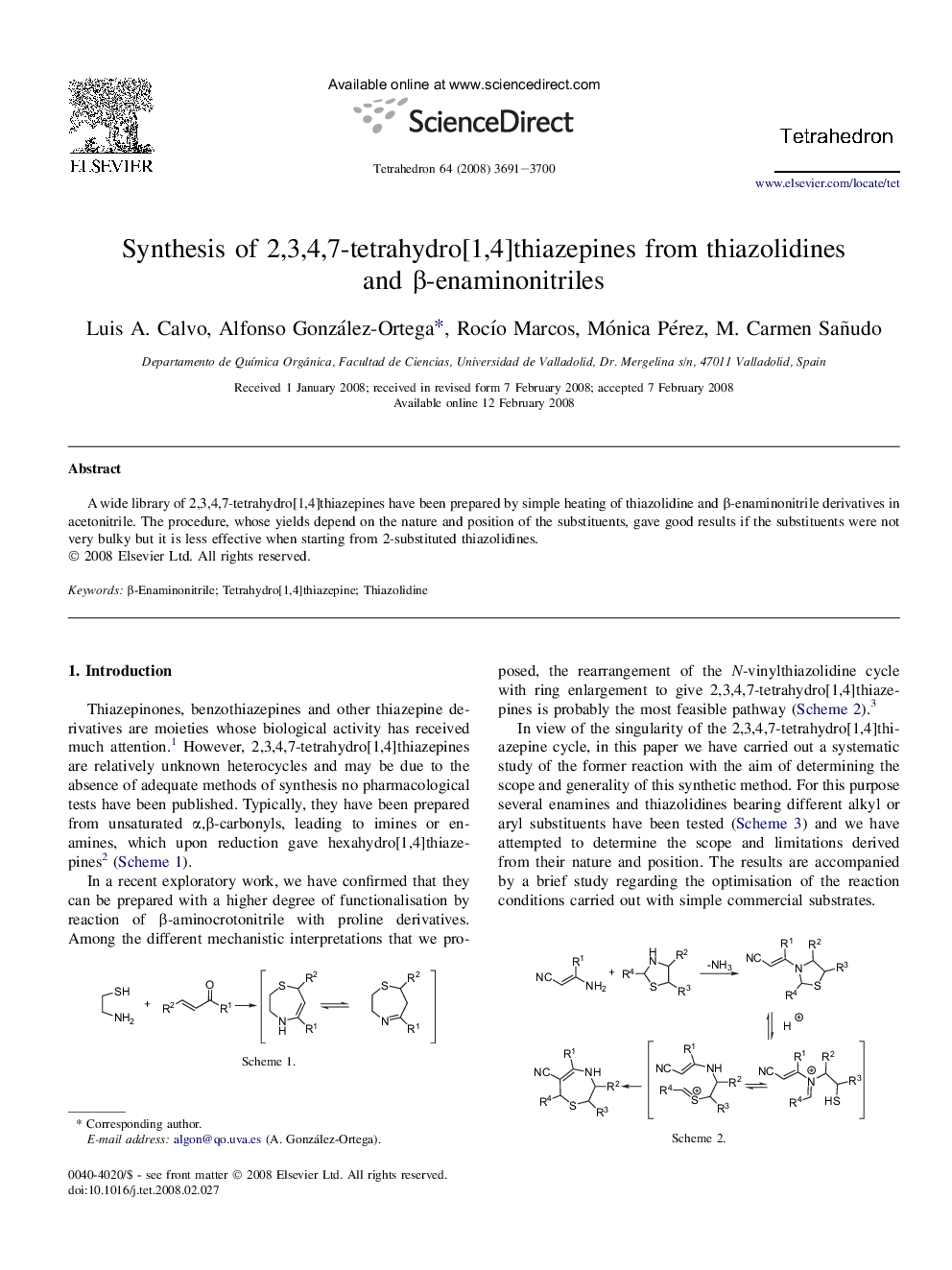 Synthesis of 2,3,4,7-tetrahydro[1,4]thiazepines from thiazolidines and Î²-enaminonitriles