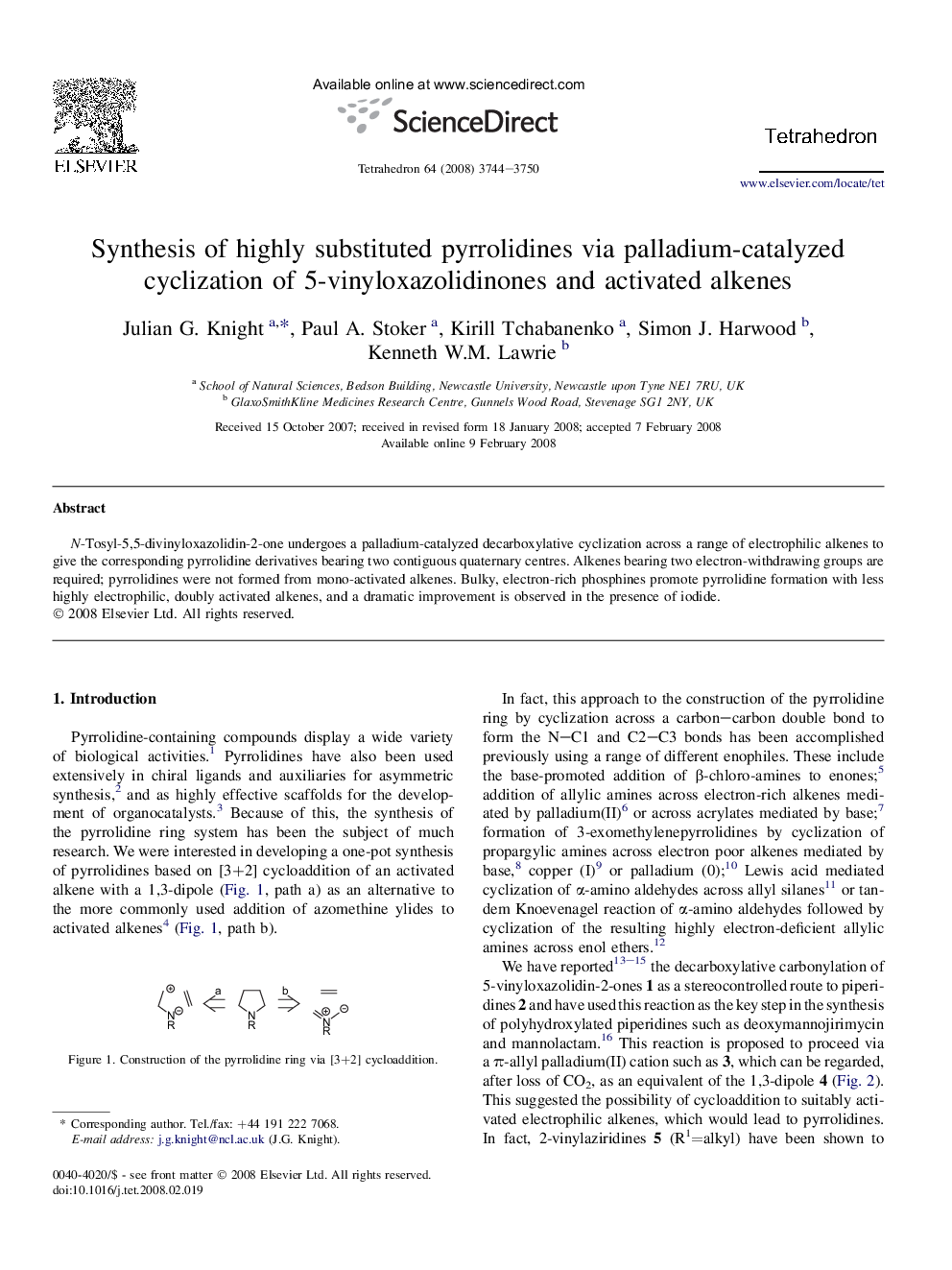 Synthesis of highly substituted pyrrolidines via palladium-catalyzed cyclization of 5-vinyloxazolidinones and activated alkenes