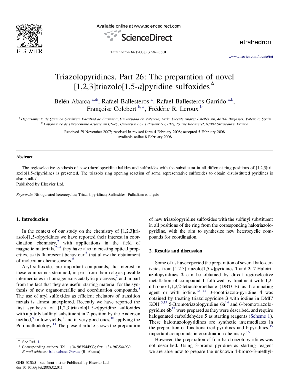 Triazolopyridines. Part 26: The preparation of novel [1,2,3]triazolo[1,5-a]pyridine sulfoxides