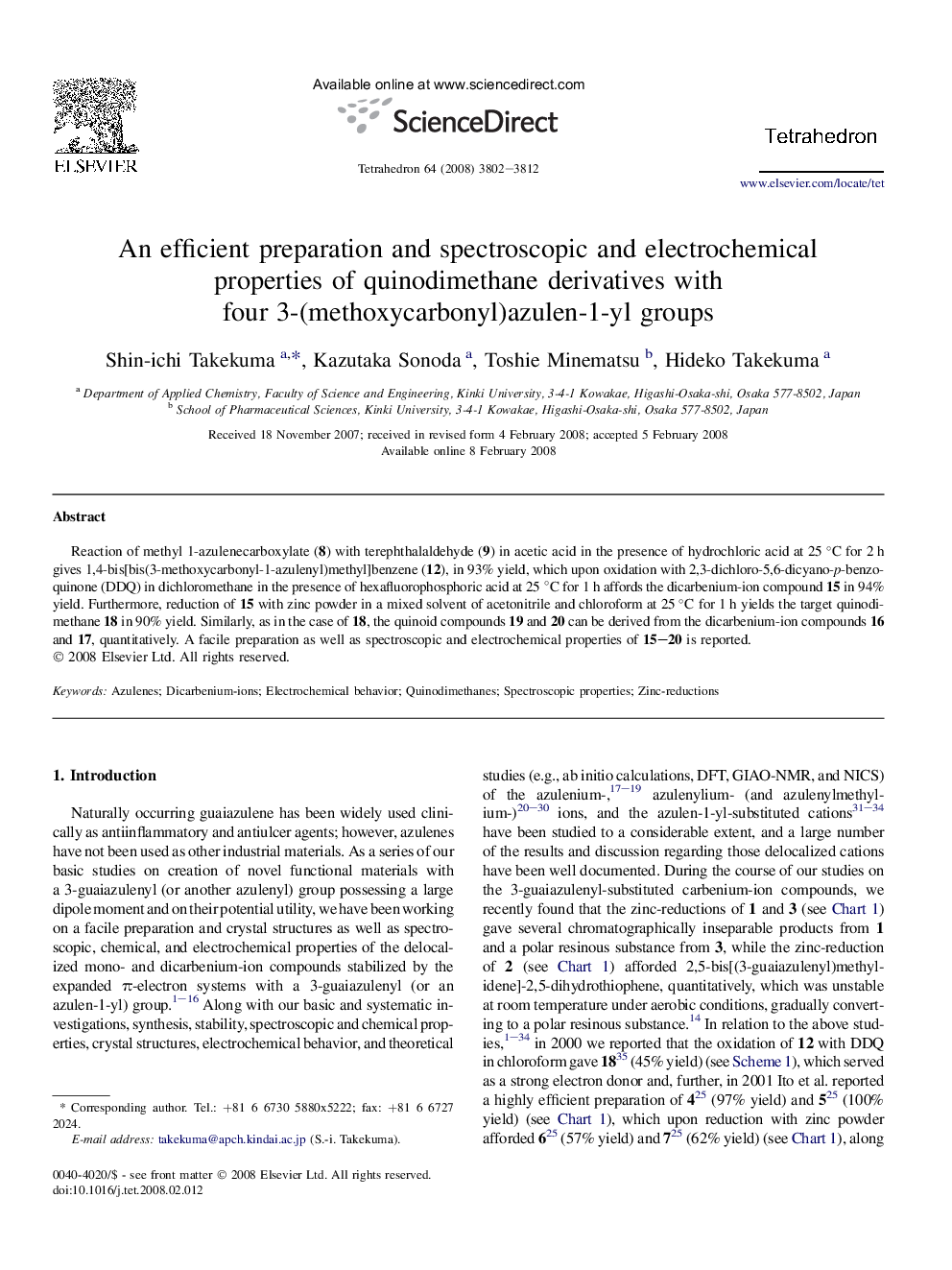 An efficient preparation and spectroscopic and electrochemical properties of quinodimethane derivatives with four 3-(methoxycarbonyl)azulen-1-yl groups