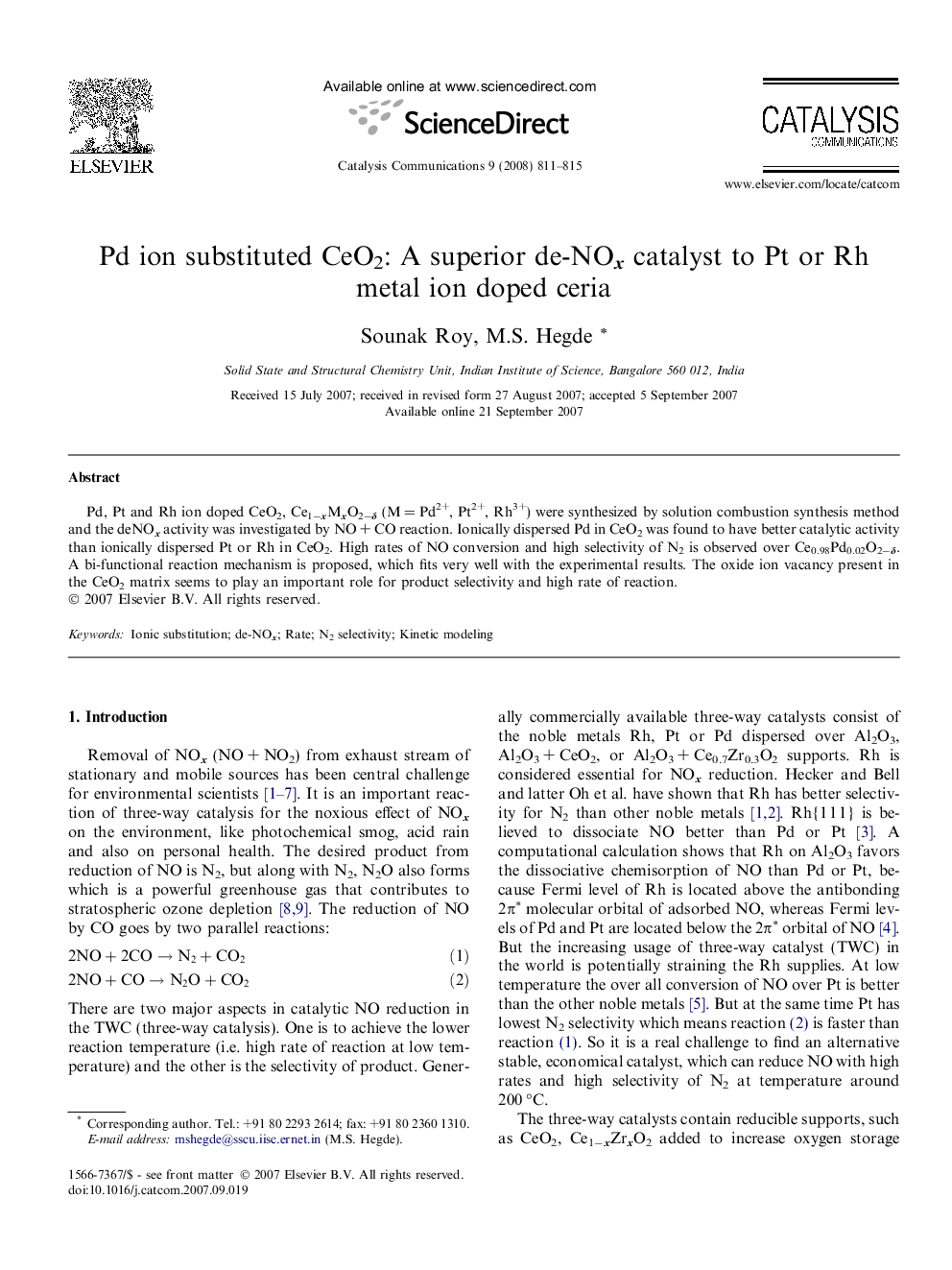 Pd ion substituted CeO2: A superior de-NOx catalyst to Pt or Rh metal ion doped ceria