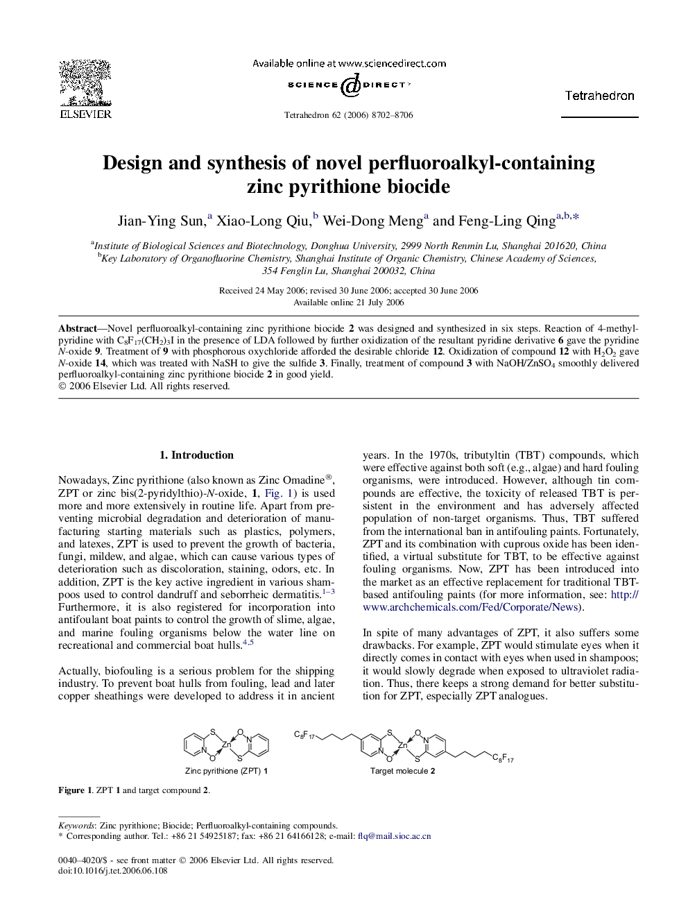 Design and synthesis of novel perfluoroalkyl-containing zinc pyrithione biocide