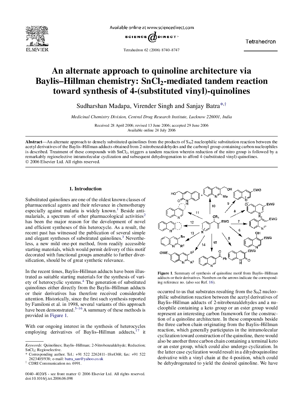 An alternate approach to quinoline architecture via Baylis-Hillman chemistry: SnCl2-mediated tandem reaction toward synthesis of 4-(substituted vinyl)-quinolines