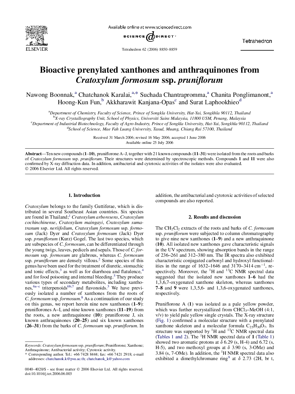 Bioactive prenylated xanthones and anthraquinones from Cratoxylum formosum ssp. pruniflorum